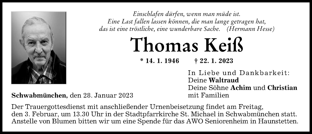  Traueranzeige für Thomas Keiß vom 28.01.2023 aus Schwabmünchner Allgemeine
