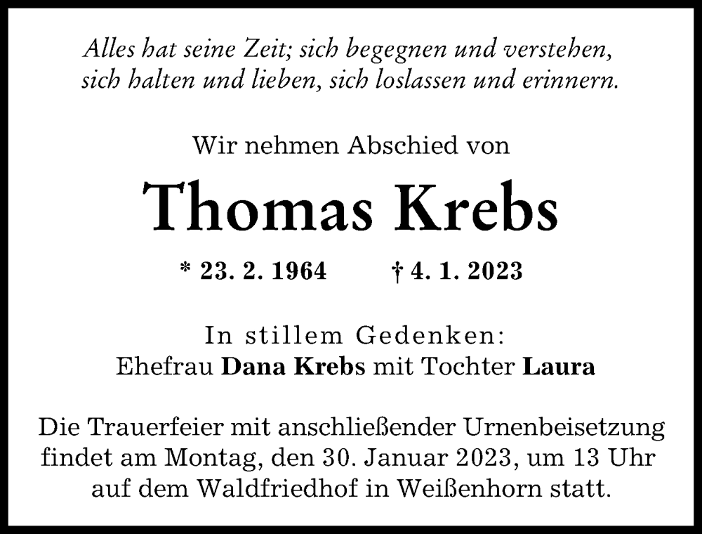 Traueranzeige von Thomas Krebs von Neu-Ulmer Zeitung