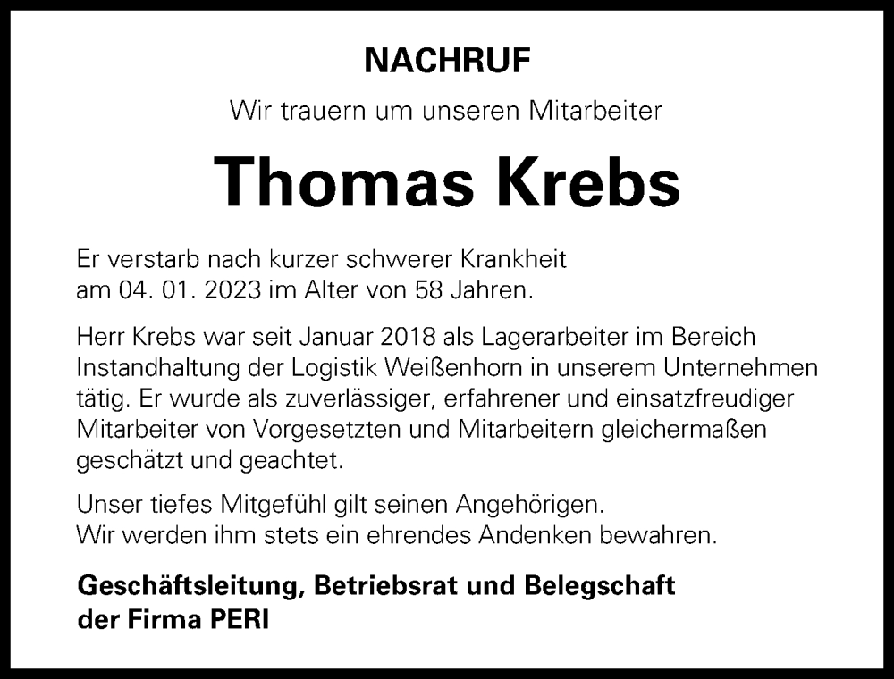  Traueranzeige für Thomas Krebs vom 26.01.2023 aus Neu-Ulmer Zeitung