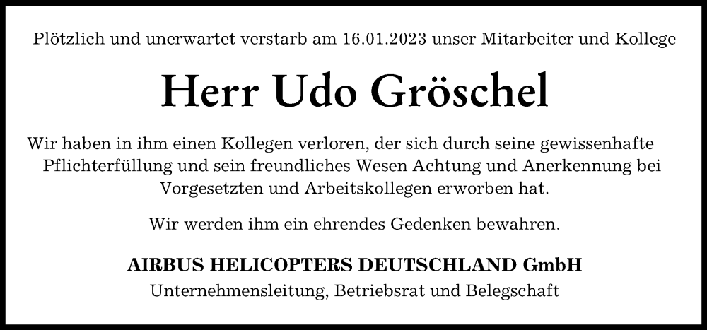  Traueranzeige für Udo Gröschel vom 26.01.2023 aus Donauwörther Zeitung