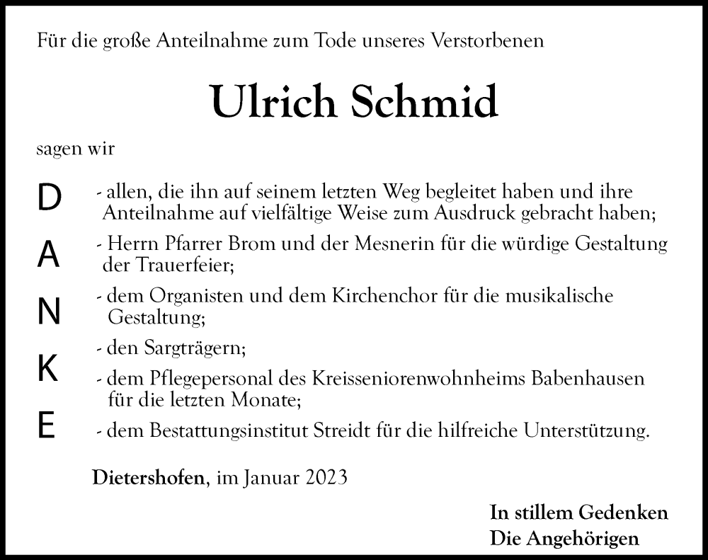 Traueranzeige von Ulrich Schmid von Mindelheimer Zeitung