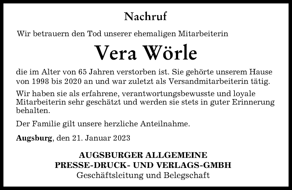 Traueranzeige von Vera Wörle von Augsburg-Land