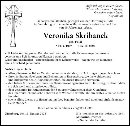 Traueranzeige von Veronika Skribanek von Günzburger Zeitung