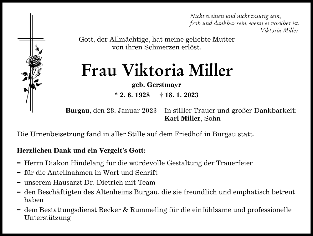  Traueranzeige für Viktoria Miller vom 28.01.2023 aus Günzburger Zeitung