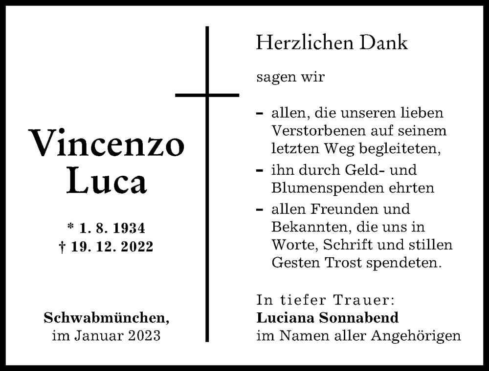 Traueranzeige von Vincenzo Luca von Augsburg-Land