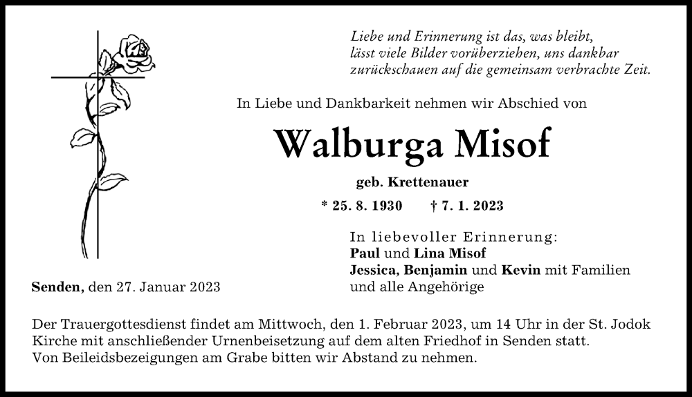  Traueranzeige für Walburga Misof vom 27.01.2023 aus Neu-Ulmer Zeitung