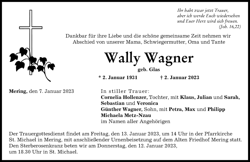  Traueranzeige für Wally Wagner vom 07.01.2023 aus Friedberger Allgemeine