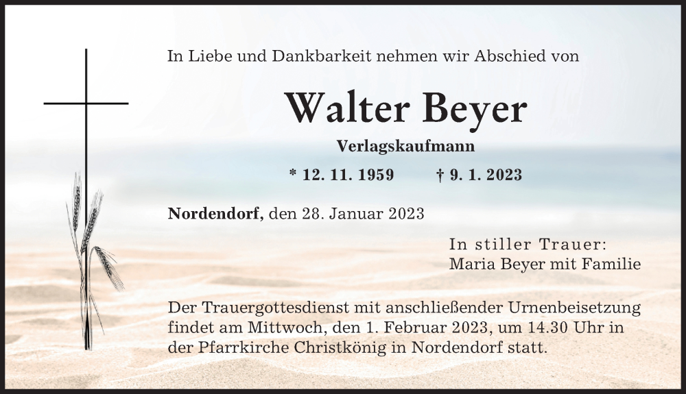  Traueranzeige für Walter Beyer vom 28.01.2023 aus Augsburg-Land