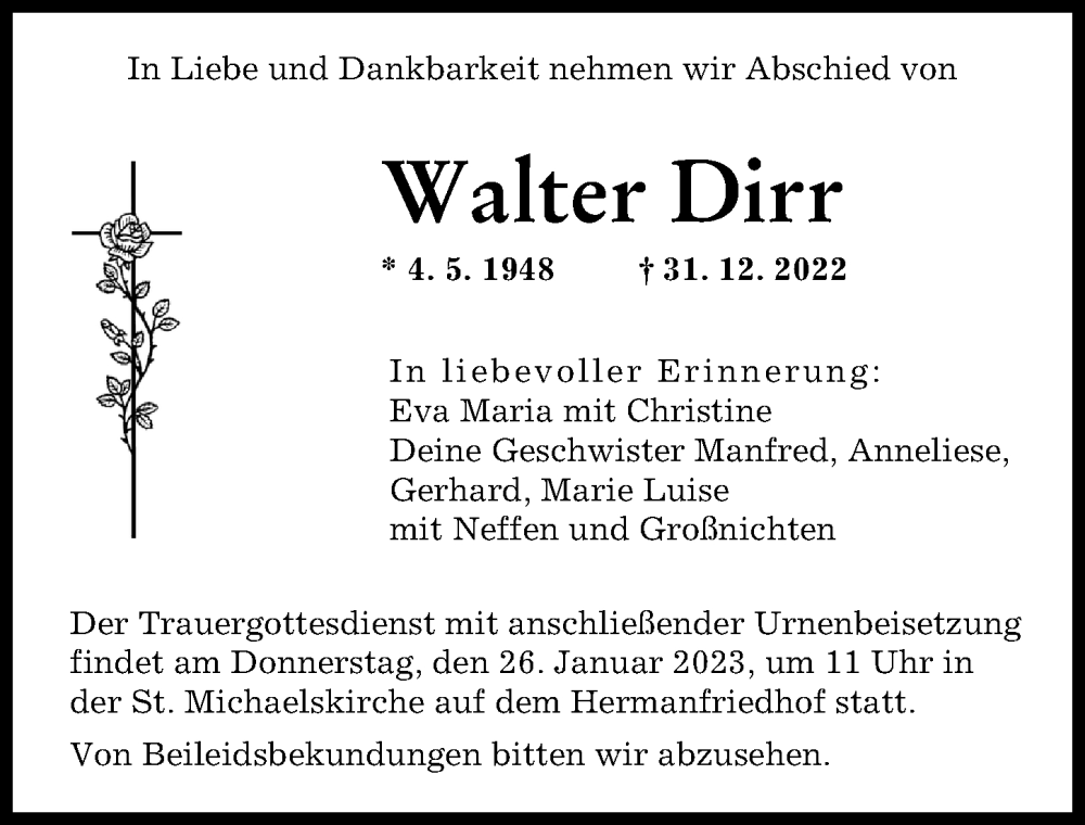 Traueranzeige von Walter Dirr von Augsburger Allgemeine