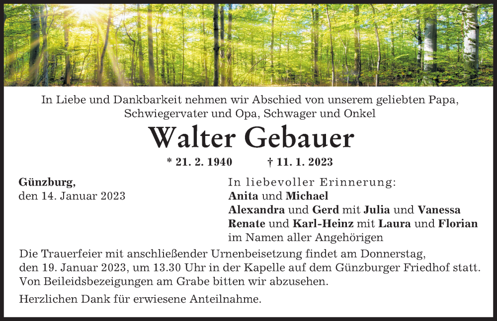  Traueranzeige für Walter Gebauer vom 14.01.2023 aus Günzburger Zeitung