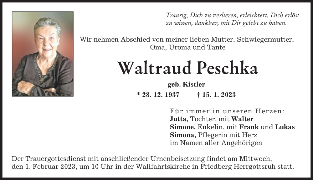  Traueranzeige für Waltraud Peschka vom 28.01.2023 aus Friedberger Allgemeine