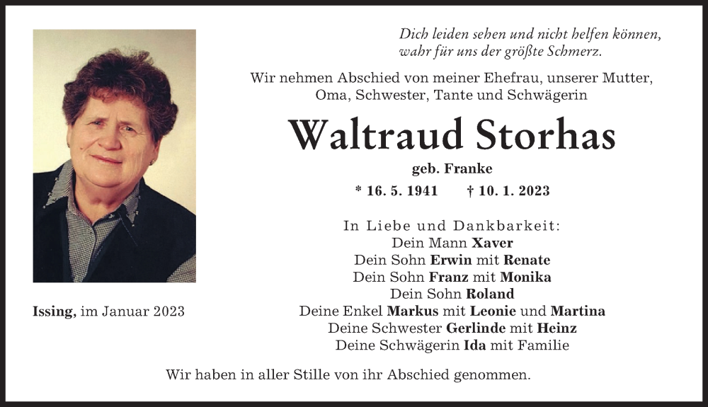  Traueranzeige für Waltraud Storhas vom 27.01.2023 aus Landsberger Tagblatt