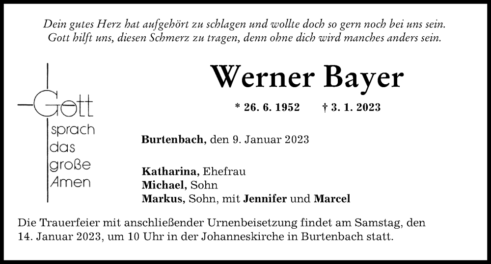  Traueranzeige für Werner Bayer vom 09.01.2023 aus Günzburger Zeitung