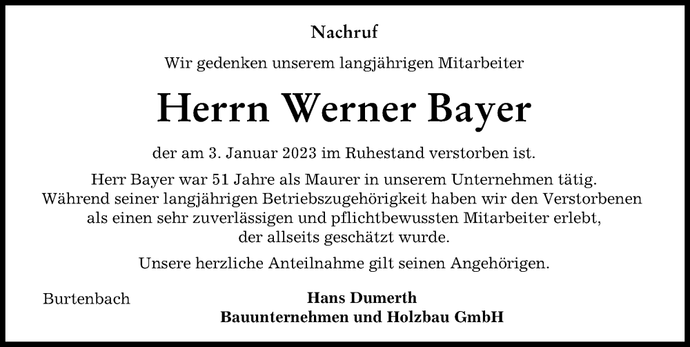  Traueranzeige für Werner Bayer vom 10.01.2023 aus Günzburger Zeitung