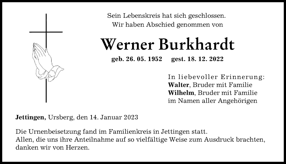 Traueranzeige von Werner Burkhardt von Günzburger Zeitung