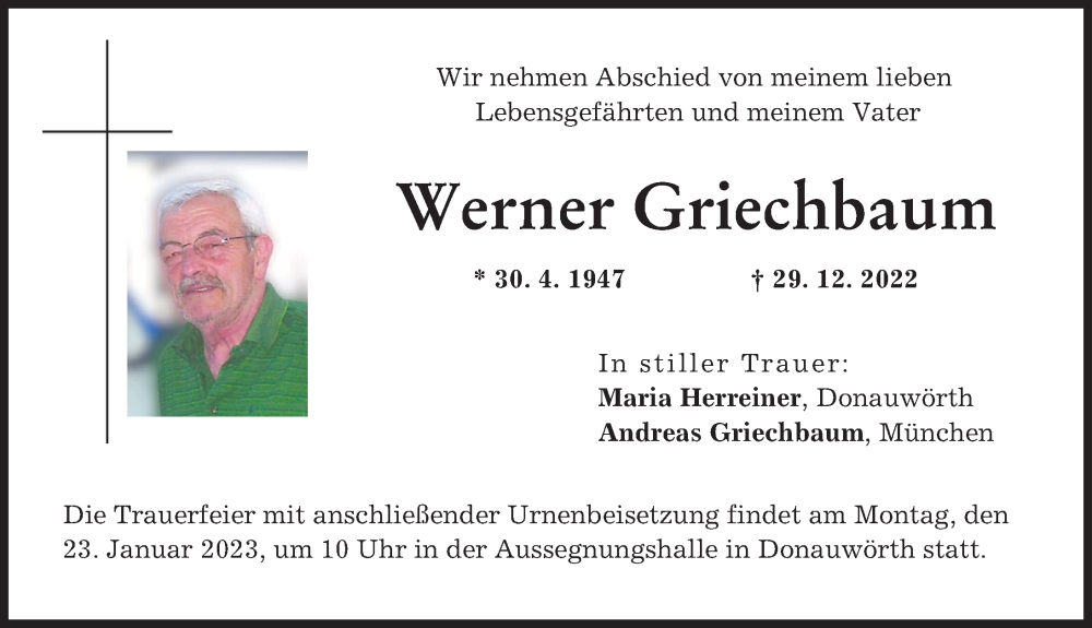 Traueranzeige von Werner Griechbaum von Donauwörther Zeitung