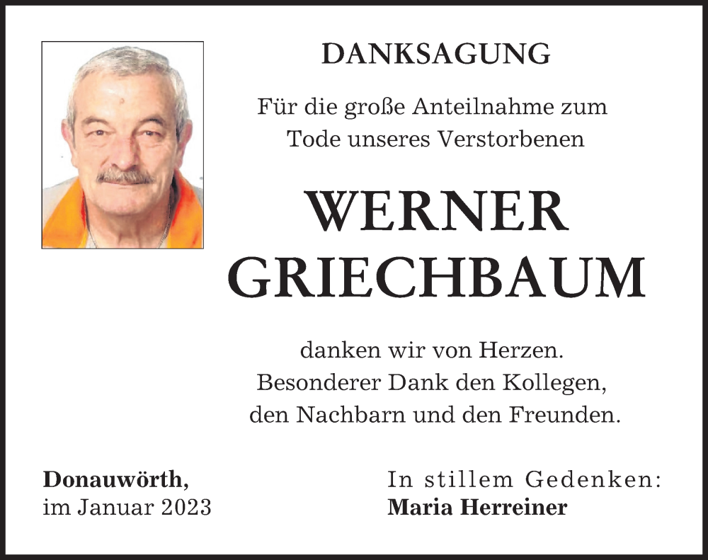 Traueranzeige von Werner Griechbaum von Donauwörther Zeitung