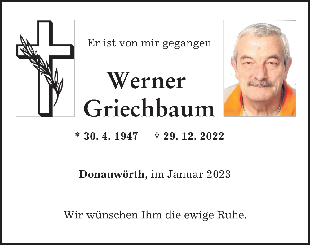 Traueranzeige von Werner Griechbaum von Donauwörther Zeitung