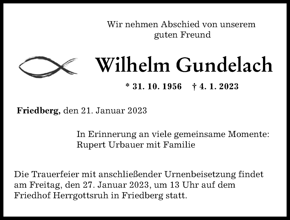  Traueranzeige für Wilhelm Gundelach vom 21.01.2023 aus Augsburger Allgemeine