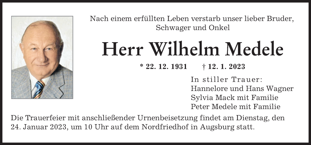  Traueranzeige für Wilhelm Medele vom 21.01.2023 aus Augsburger Allgemeine