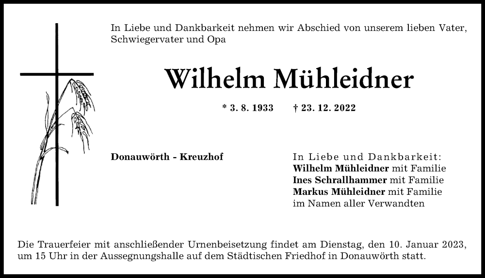 Traueranzeige von Wilhelm Mühleidner von Donauwörther Zeitung