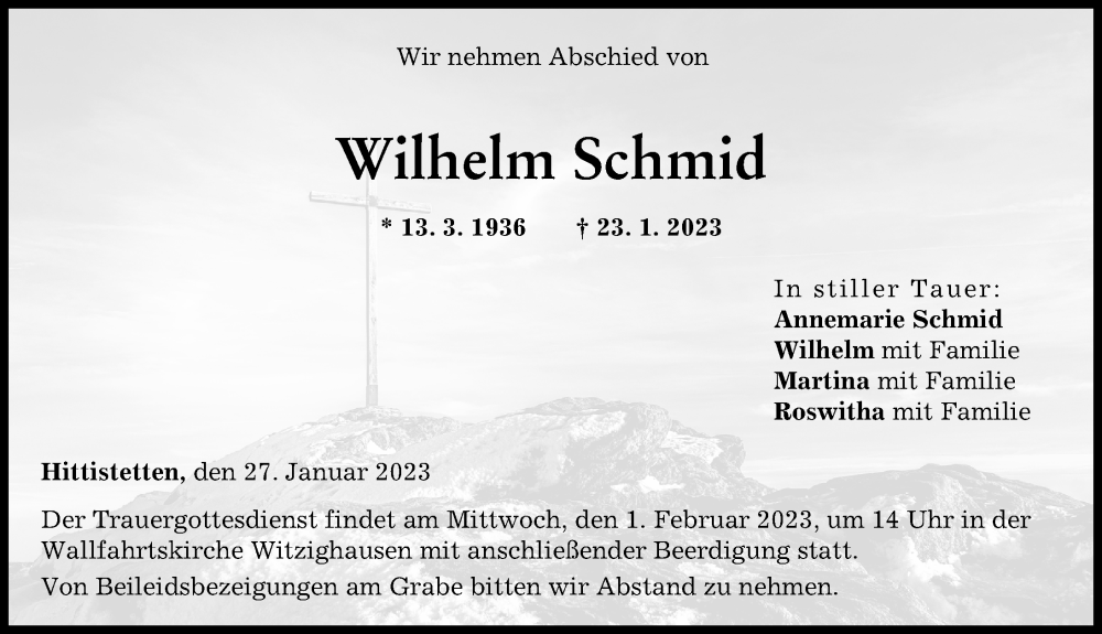  Traueranzeige für Wilhelm Schmid vom 27.01.2023 aus Neu-Ulmer Zeitung
