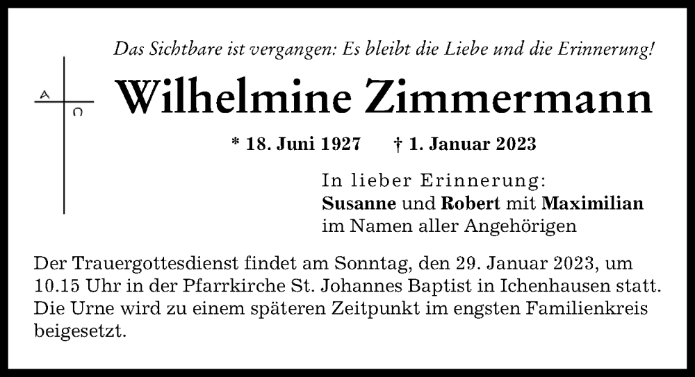 Traueranzeige von Wilhelmine Zimmermann von Günzburger Zeitung