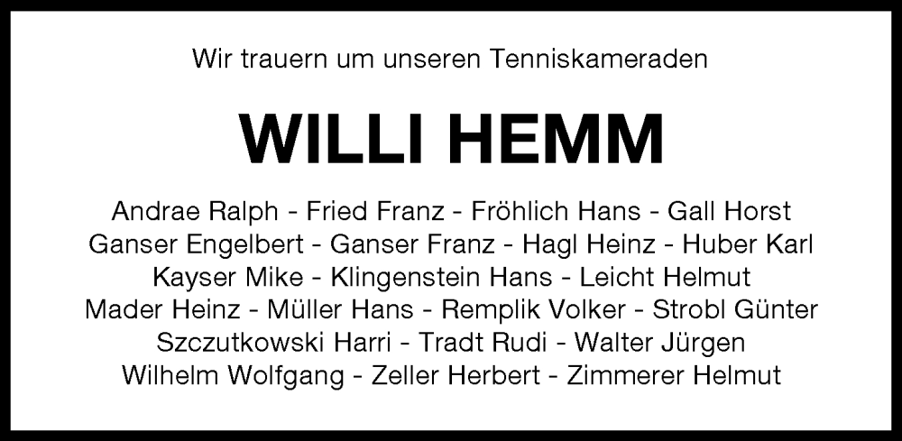 Traueranzeige von Willi Hemm von Augsburger Allgemeine