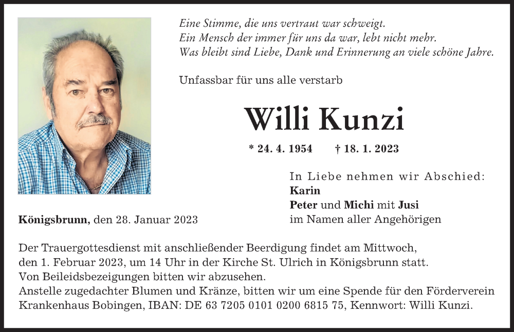  Traueranzeige für Willi Kunzi vom 28.01.2023 aus Schwabmünchner Allgemeine, Augsburger Allgemeine