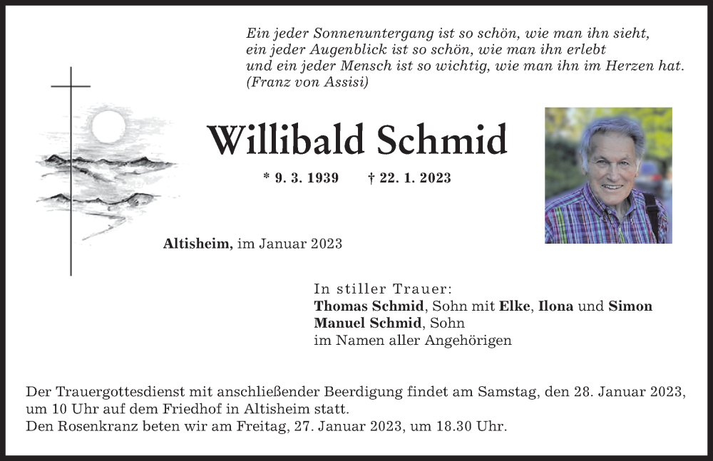  Traueranzeige für Willibald Schmid vom 25.01.2023 aus Donauwörther Zeitung