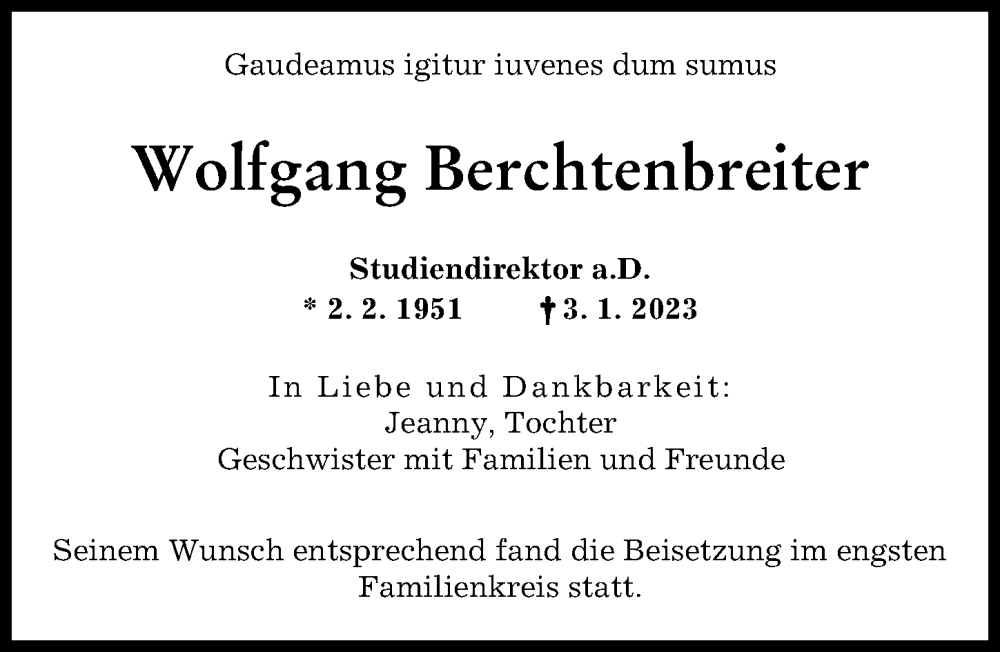 Traueranzeige von Wolfgang Berchtenbreiter von Augsburger Allgemeine