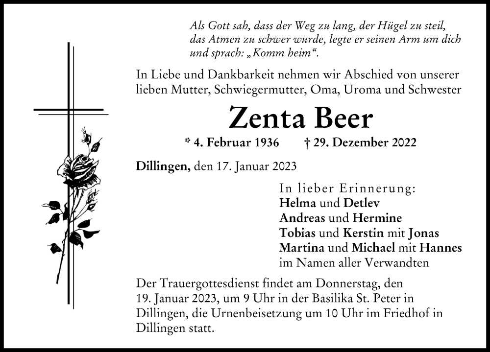 Traueranzeige von Zenta Beer von Donau Zeitung