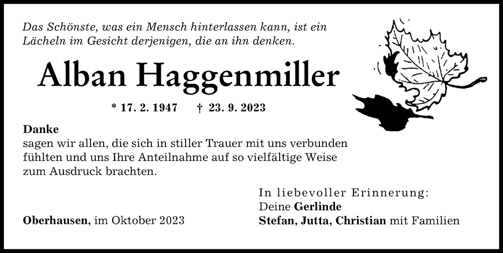  Traueranzeige für Alban Haggenmiller vom 23.10.2023 aus Neu-Ulmer Zeitung