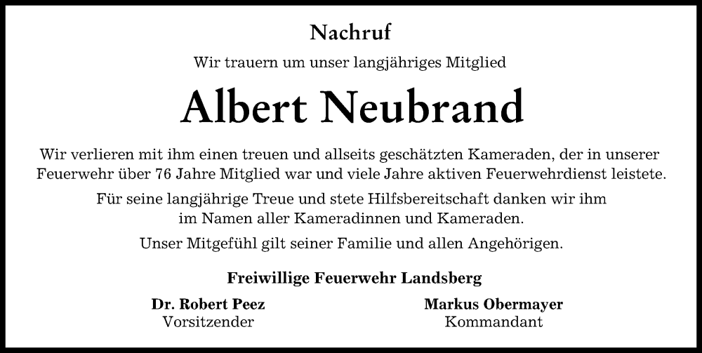  Traueranzeige für Albert Neubrand vom 05.10.2023 aus Landsberger Tagblatt