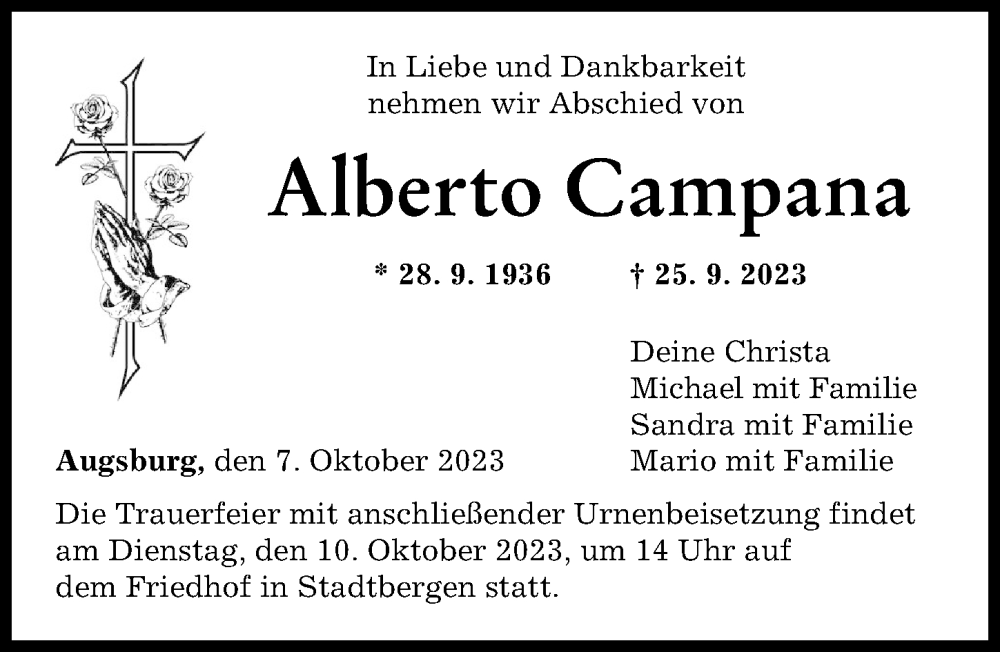 Traueranzeige von Alberto Campana von Augsburger Allgemeine