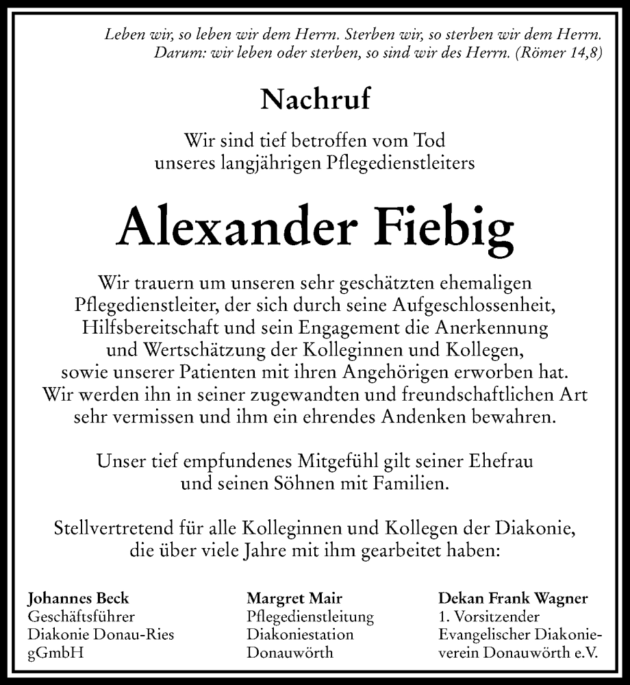  Traueranzeige für Alexander Fiebig vom 28.10.2023 aus Donauwörther Zeitung