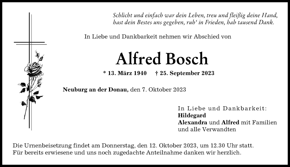 Traueranzeige von Alfred Bosch von Neuburger Rundschau