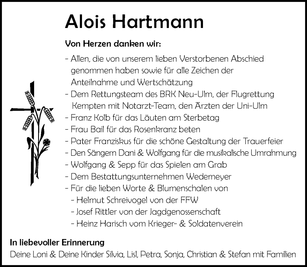  Traueranzeige für Alois Hartmann vom 07.10.2023 aus Illertisser Zeitung