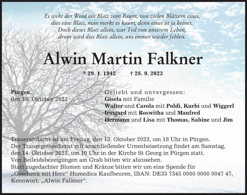  Traueranzeige für Alwin Martin Falkner vom 10.10.2023 aus Landsberger Tagblatt