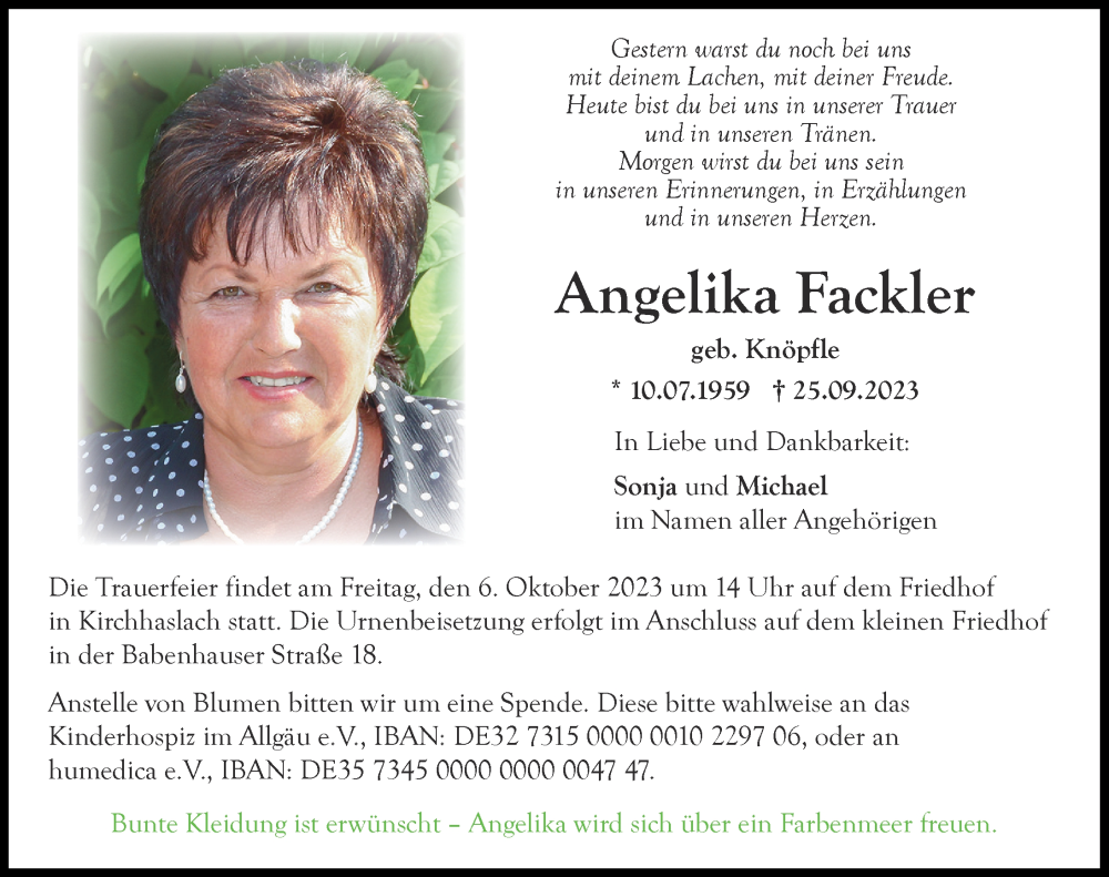  Traueranzeige für Angelika Fackler vom 04.10.2023 aus Illertisser Zeitung