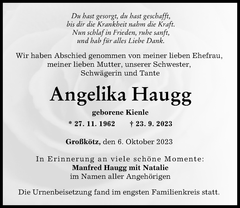 Traueranzeige von Angelika Haugg von Günzburger Zeitung
