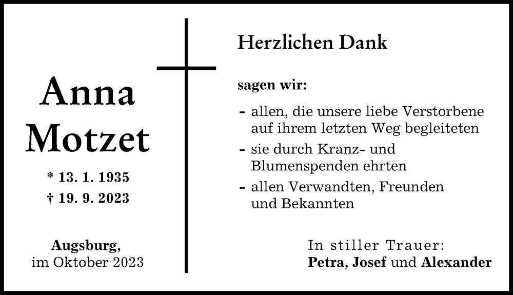  Traueranzeige für Anna Motzet vom 07.10.2023 aus Augsburger Allgemeine