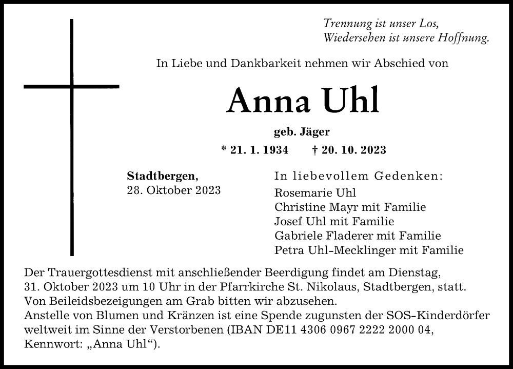 Traueranzeige von Anna Uhl von Augsburg-Land