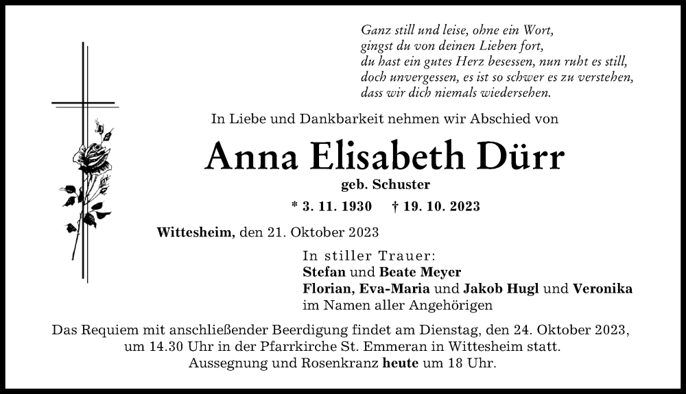 Traueranzeige von Anna Elisabeth Dürr von Donauwörther Zeitung