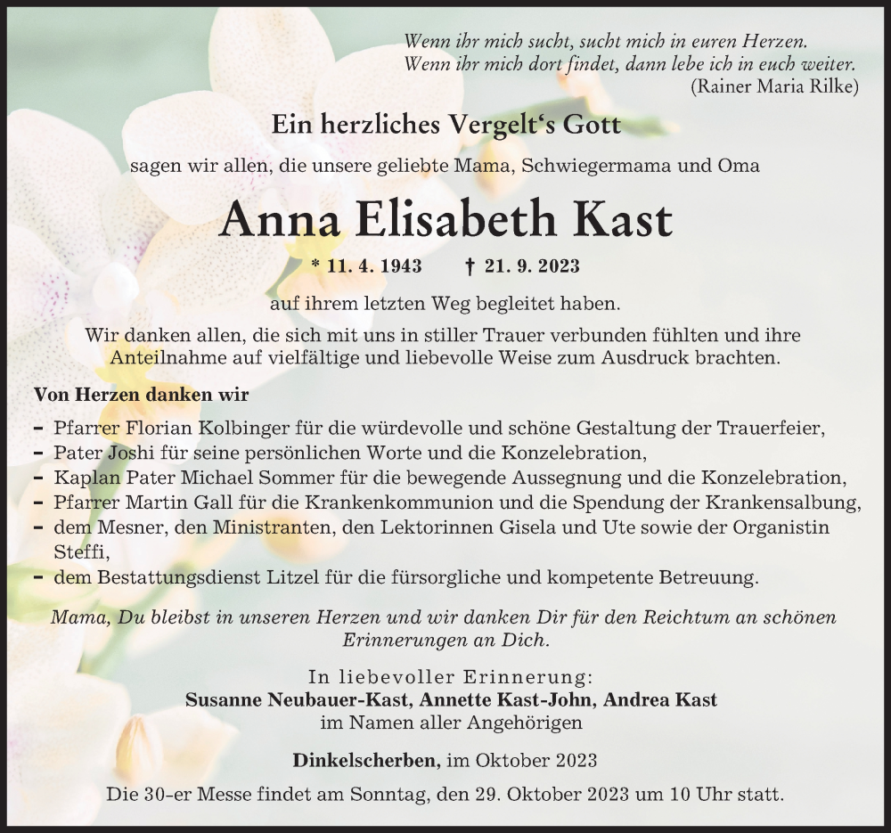  Traueranzeige für Anna Elisabeth Kast vom 14.10.2023 aus Augsburg-Land, Donauwörther Zeitung