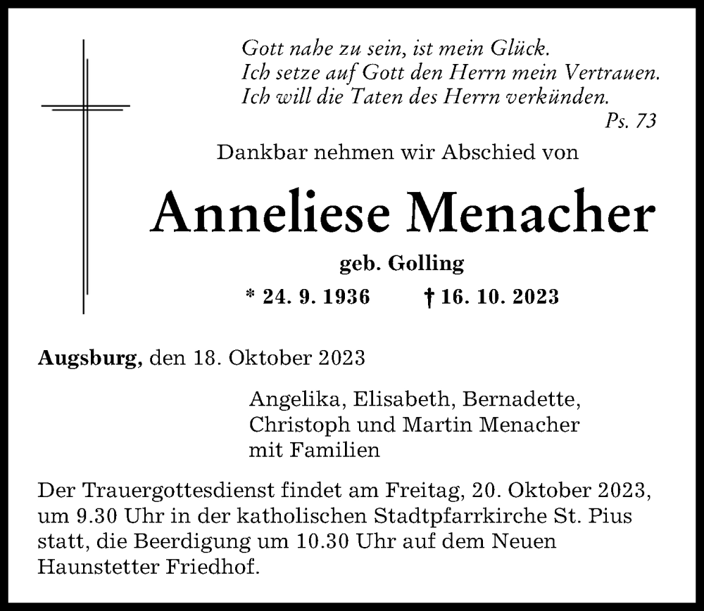 Traueranzeige von Anneliese Menacher von Augsburger Allgemeine