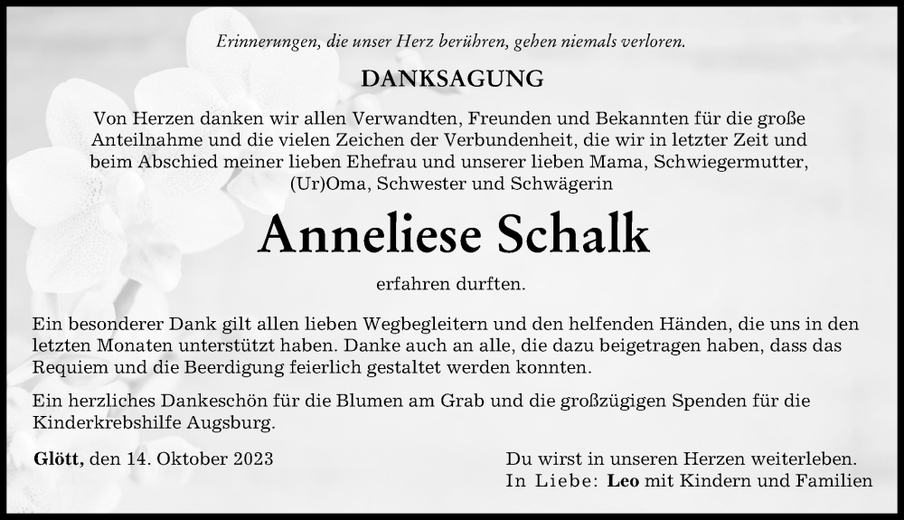  Traueranzeige für Anneliese Schalk vom 14.10.2023 aus Donau Zeitung