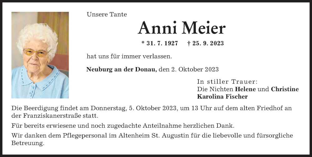  Traueranzeige für Anni Meier vom 02.10.2023 aus Neuburger Rundschau