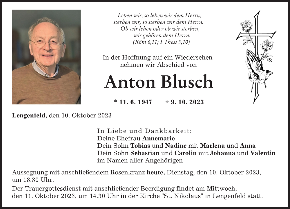  Traueranzeige für Anton Blusch vom 10.10.2023 aus Landsberger Tagblatt