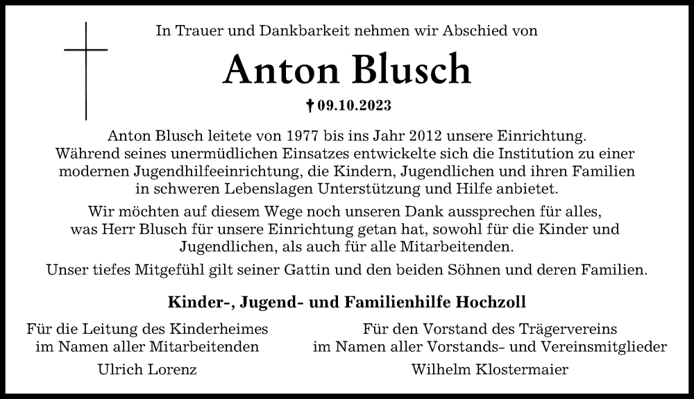  Traueranzeige für Anton Blusch vom 21.10.2023 aus Landsberger Tagblatt, Augsburger Allgemeine